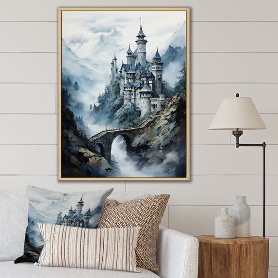 Designart "Mountain Fortress Castles Misty painting I" Cityscapes Floater Framed Canvas Wall Art