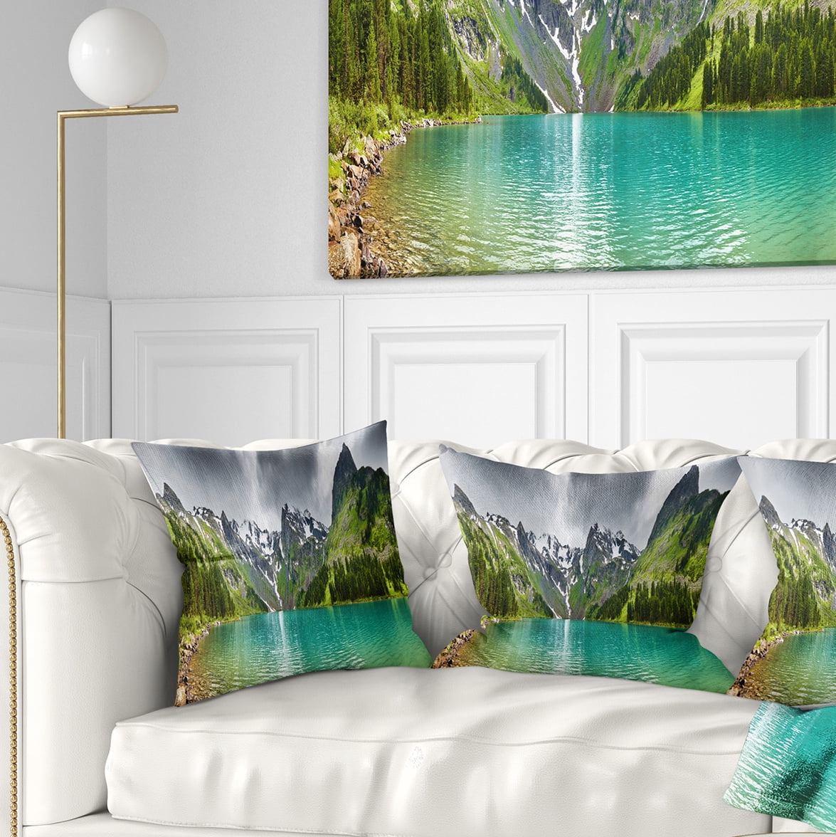 Designart Mountain Lake Panorama - Photography Throw Pillow - 16x16