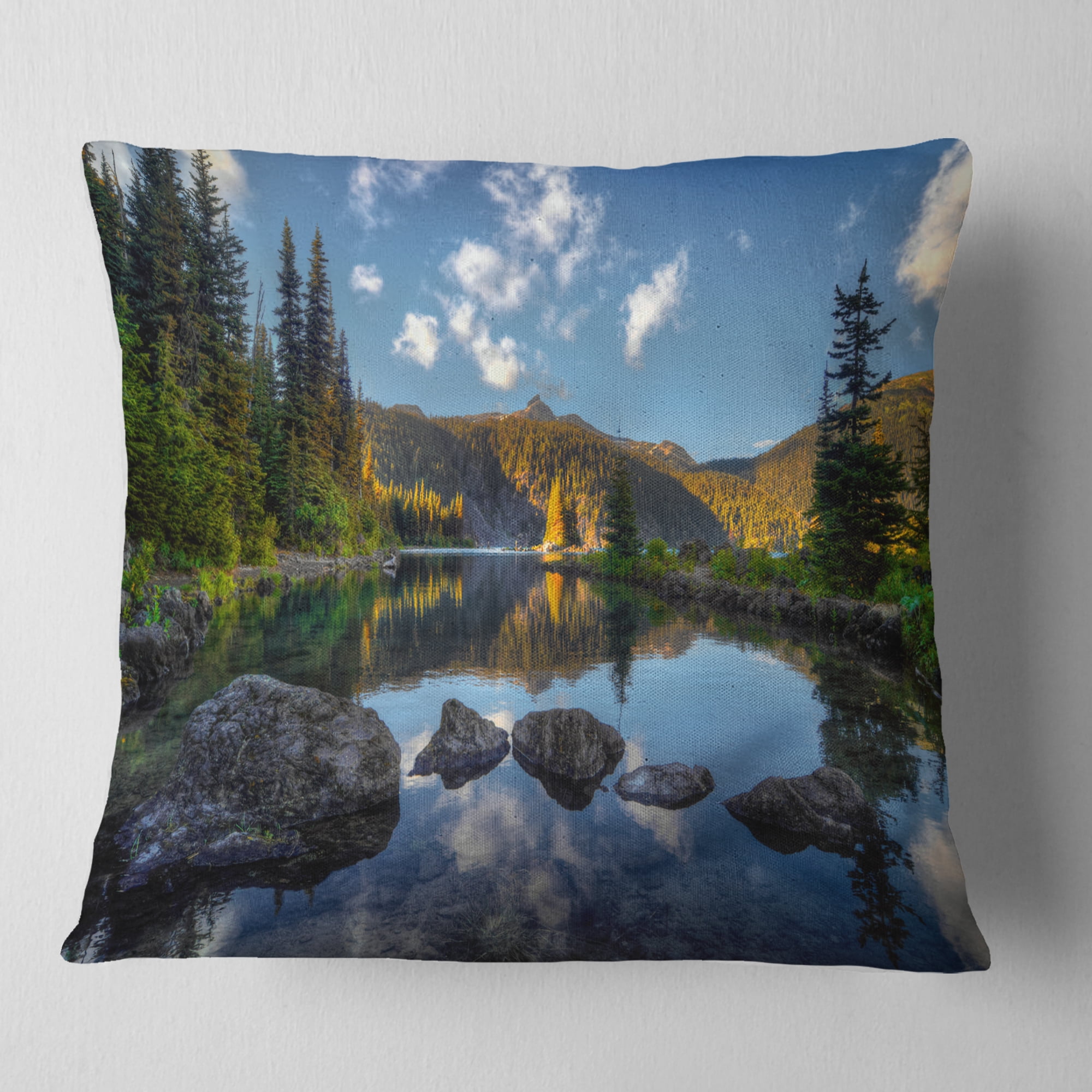 Designart Mountain Lake Surrounded by Trees - Landscape Printed Throw Pillow - 18x18