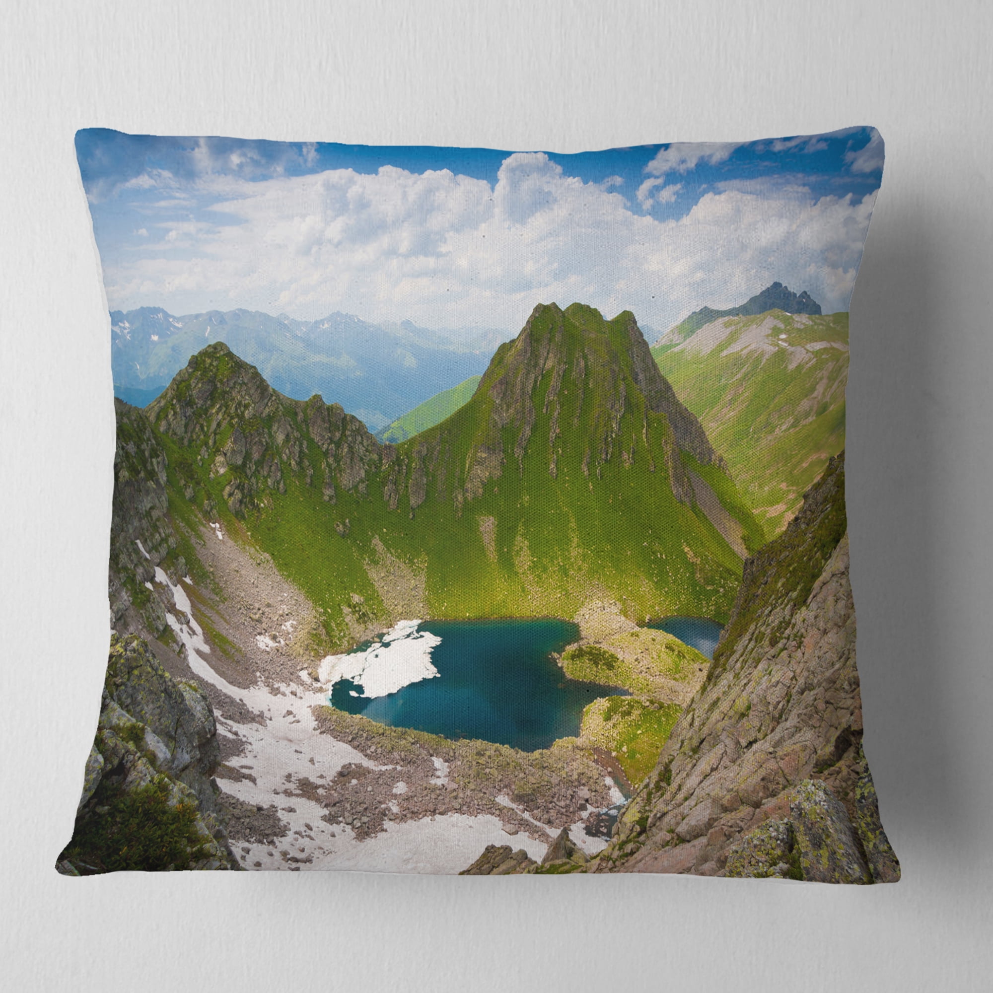 Designart Mountain Lake View on Bright Day - Landscape Printed Throw Pillow - 16x16