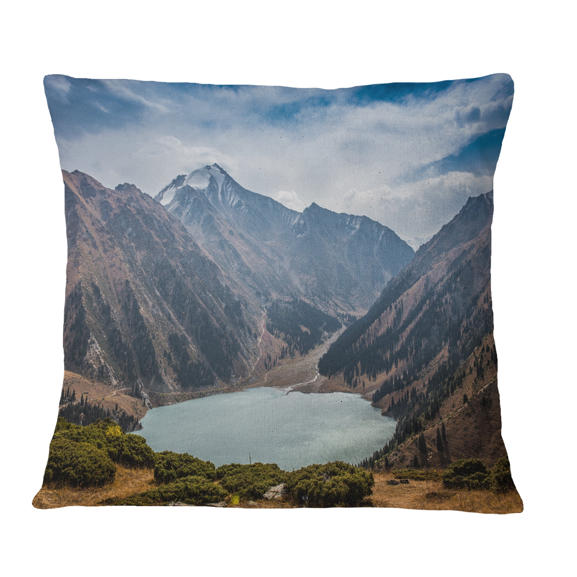 Designart Mountain Lake under Blue Sky - Landscape Printed Throw Pillow - 16x16