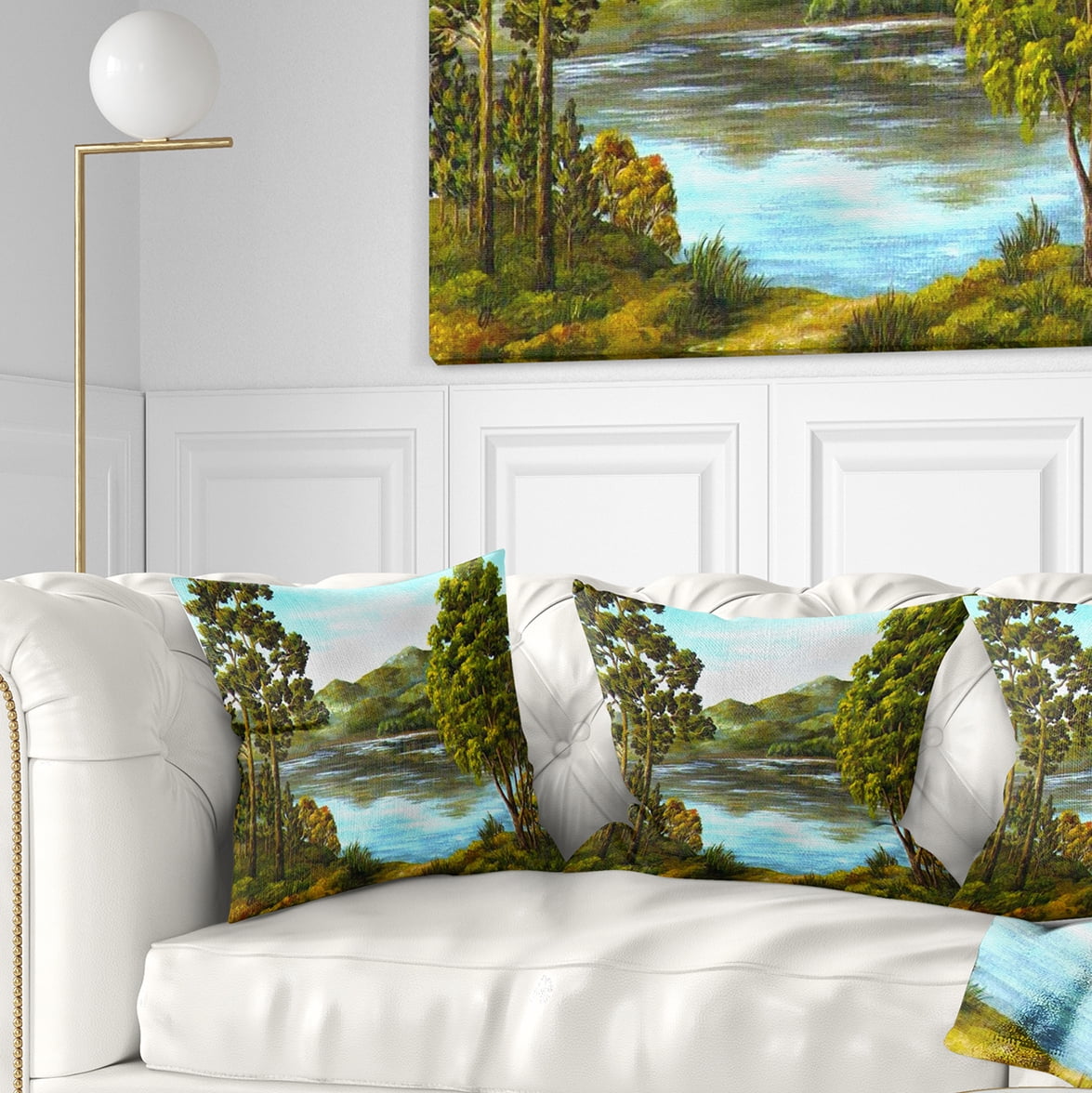 Designart Mountain Lake with Blue Water - Landscape Printed Throw Pillow - 16x16