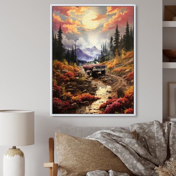 Designart "Mountain Majesty Yellow Pickup Truck" Pickup Truck Floater Framed Canvas Print