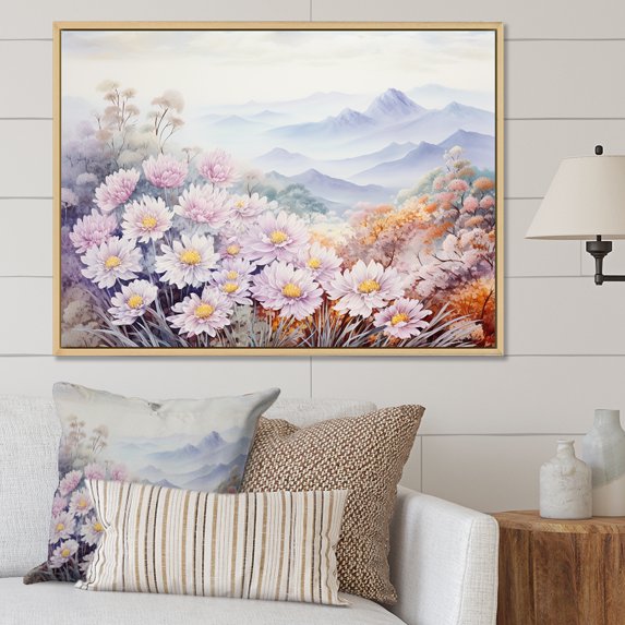 Designart "Mountain Meadow Adorned With Mums" Flowers Floater Framed Wall Decor