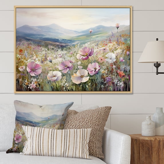 Designart "Mountain Meadow Of Pink Ranunculus II" Ranunculus Floater Framed Canvas Prints