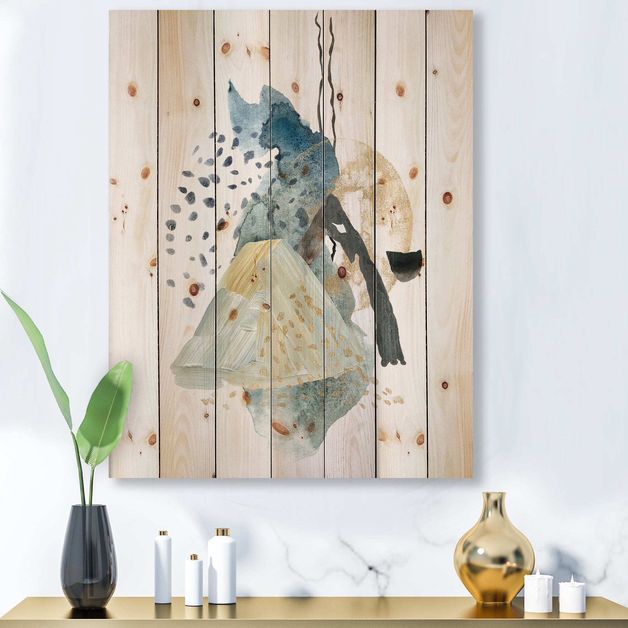 Designart 'Mountain Moon With Gouache Of Abstract Landscape' Modern Print on Natural Pine Wood