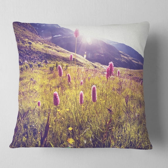 Designart Mountain Pasture with Pink Flowers - Flower Throw Pillow - 18x18