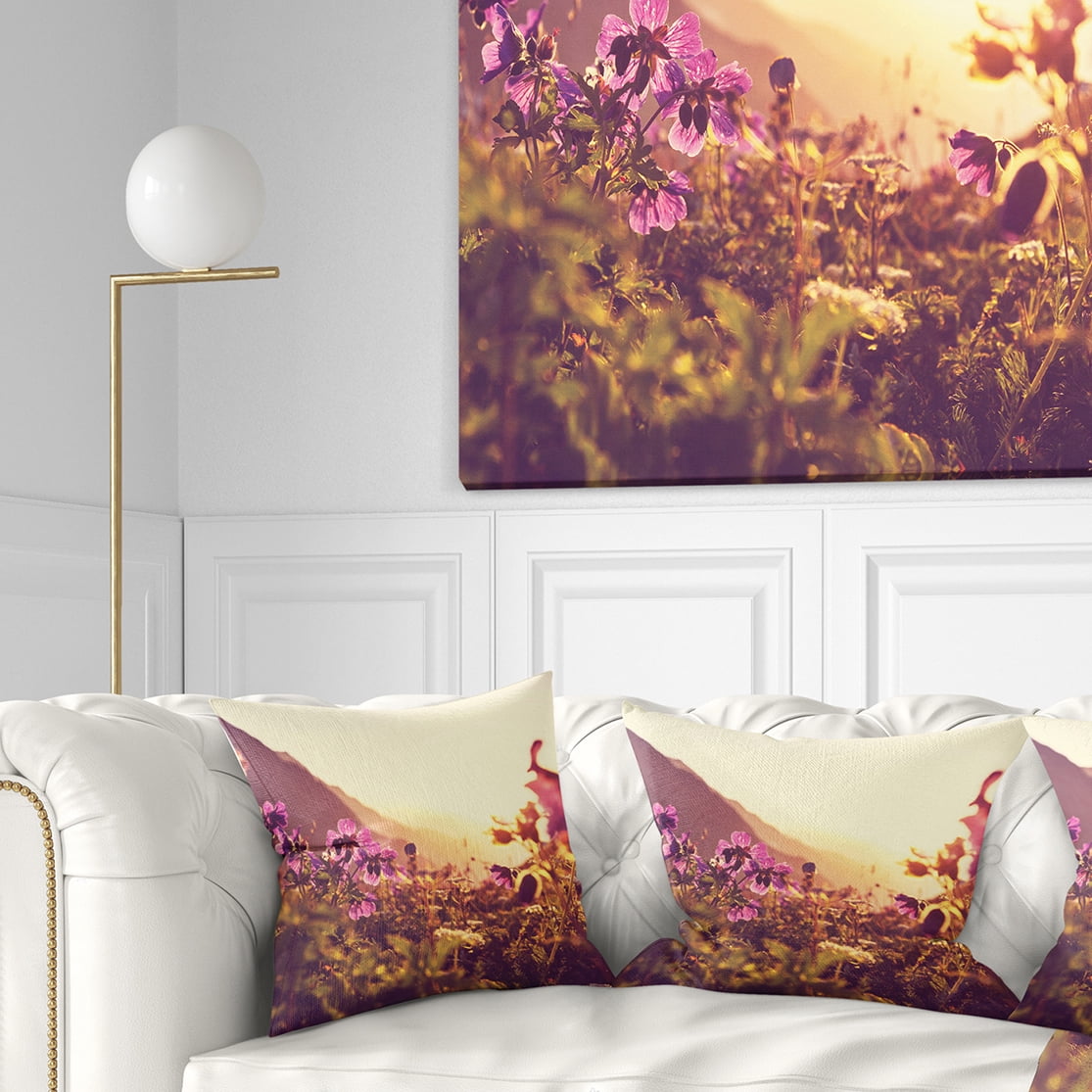 Designart Mountain Pasture with Purple Flowers - Floral Throw Pillow - 18x18