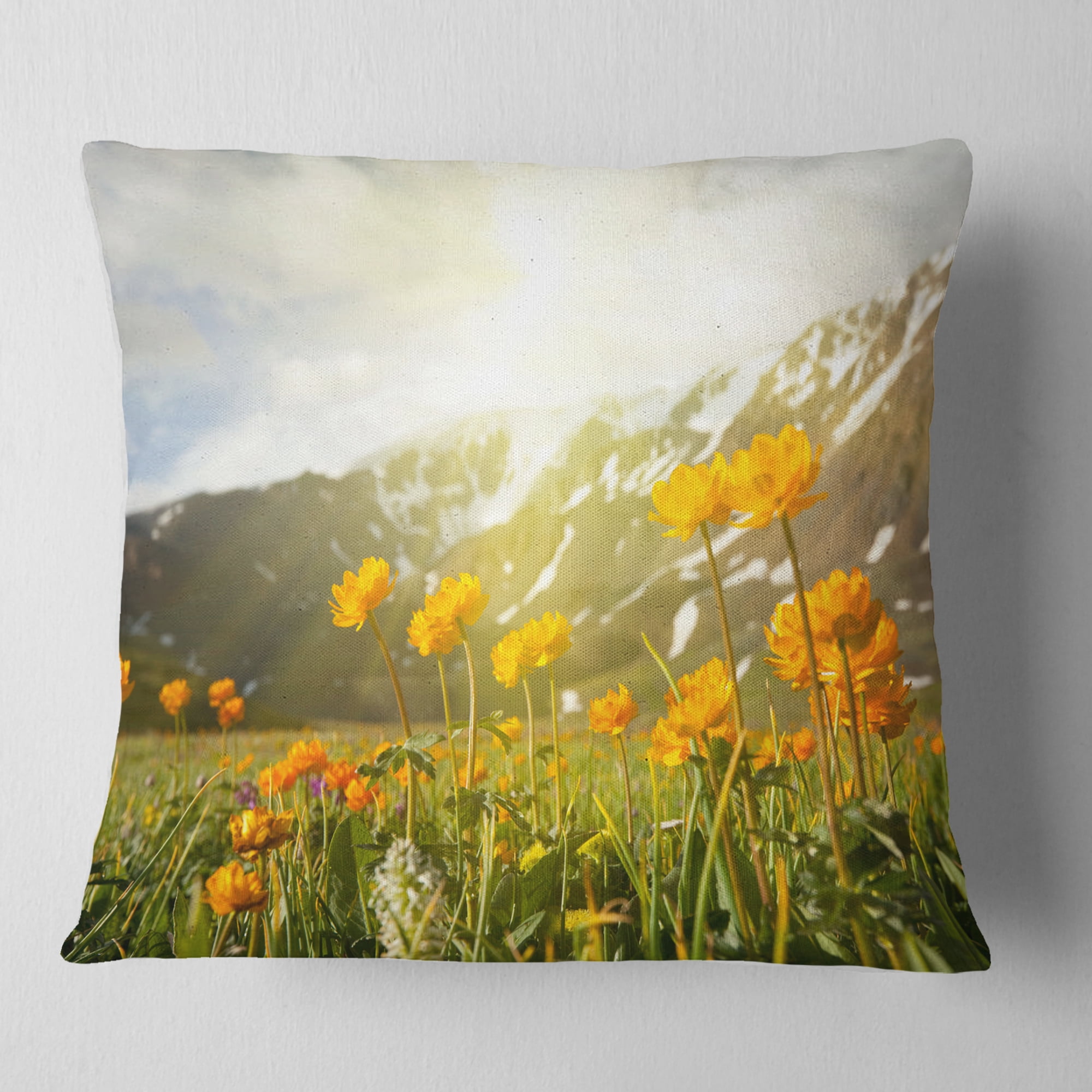Designart Mountain Pasture with Yellow Flowers - Floral Throw Pillow - 16x16