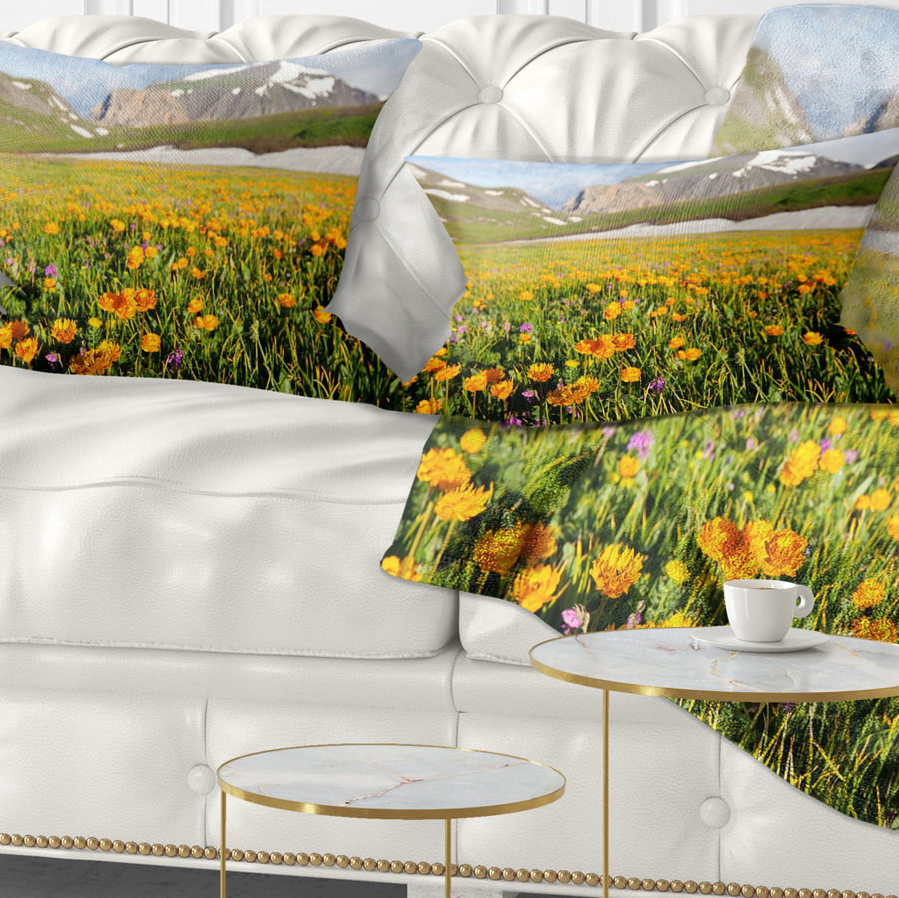 Designart Mountain Plain with Wild Yellow Flowers - Floral Throw Pillow - 12x20