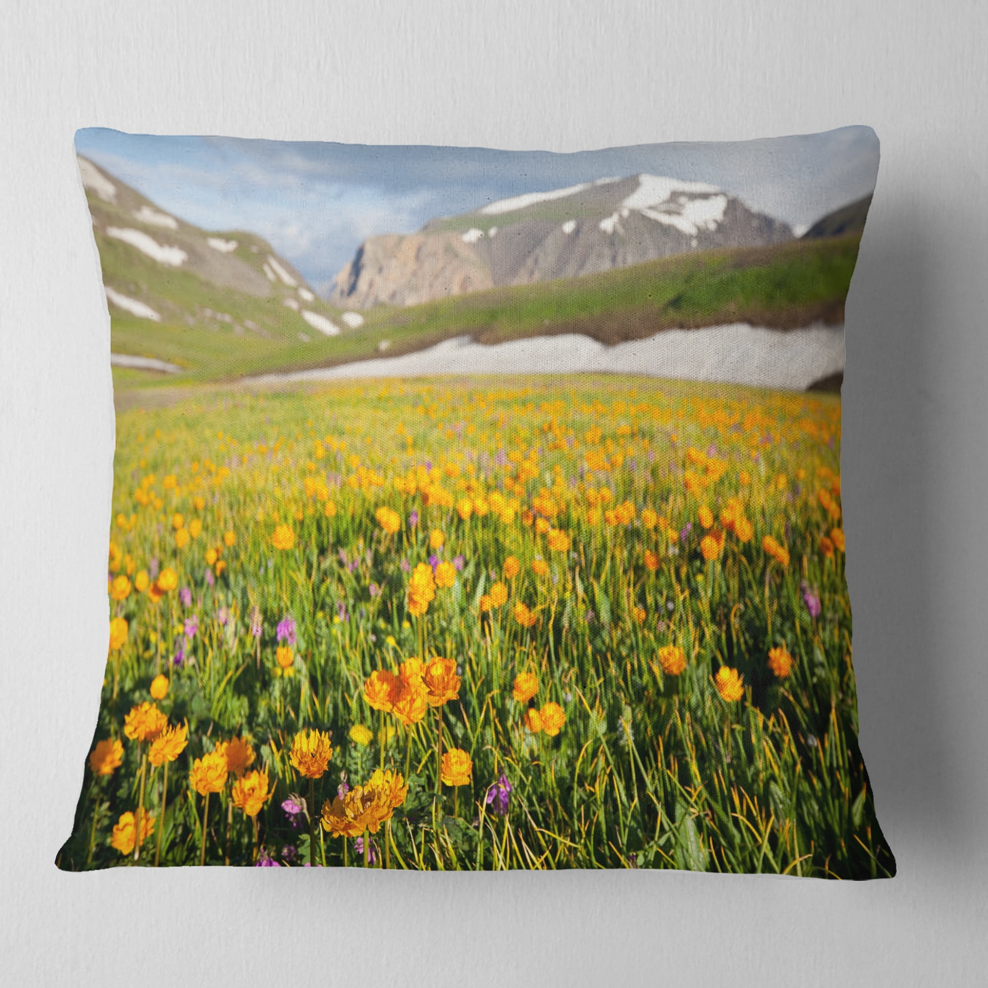 Designart Mountain Plain with Wild Yellow Flowers - Floral Throw Pillow - 16x16