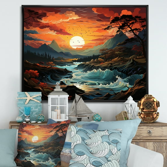 Designart "Mountain River Coastal sunset Majestic art painting I" Landscapes Floater Framed Wall Decor