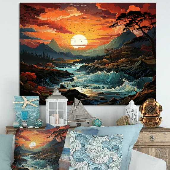 Designart "Mountain River Coastal sunset Majestic art painting I" Landscapes Wall Decor