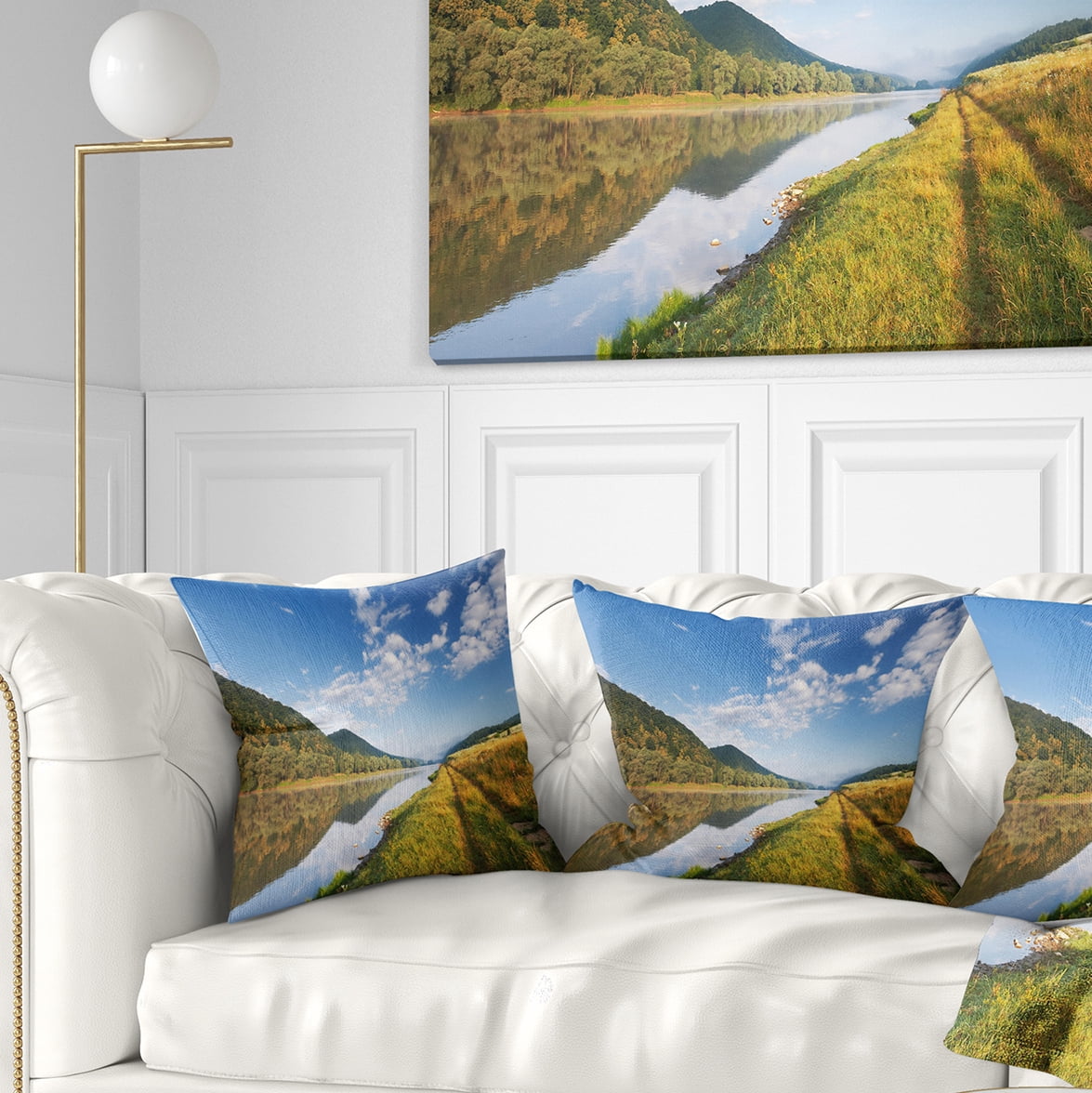 Designart Mountain River under Blue Sky - Landscape Photography Throw Pillow - 18x18