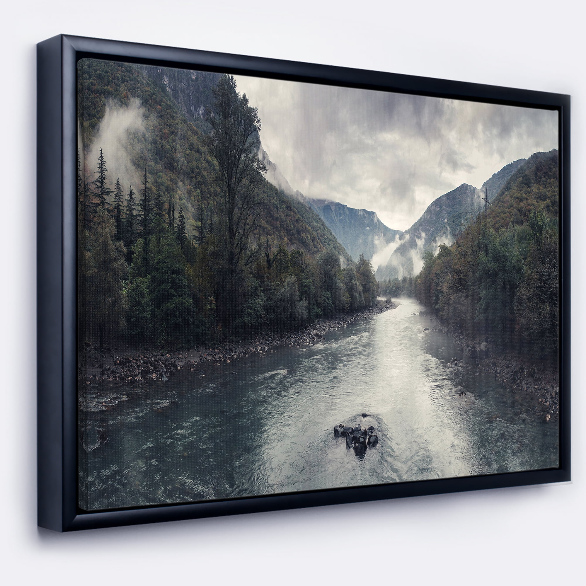 Designart ' Mountain River with Fog and Rain ' Modern Seascape Framed Canvas Artwork