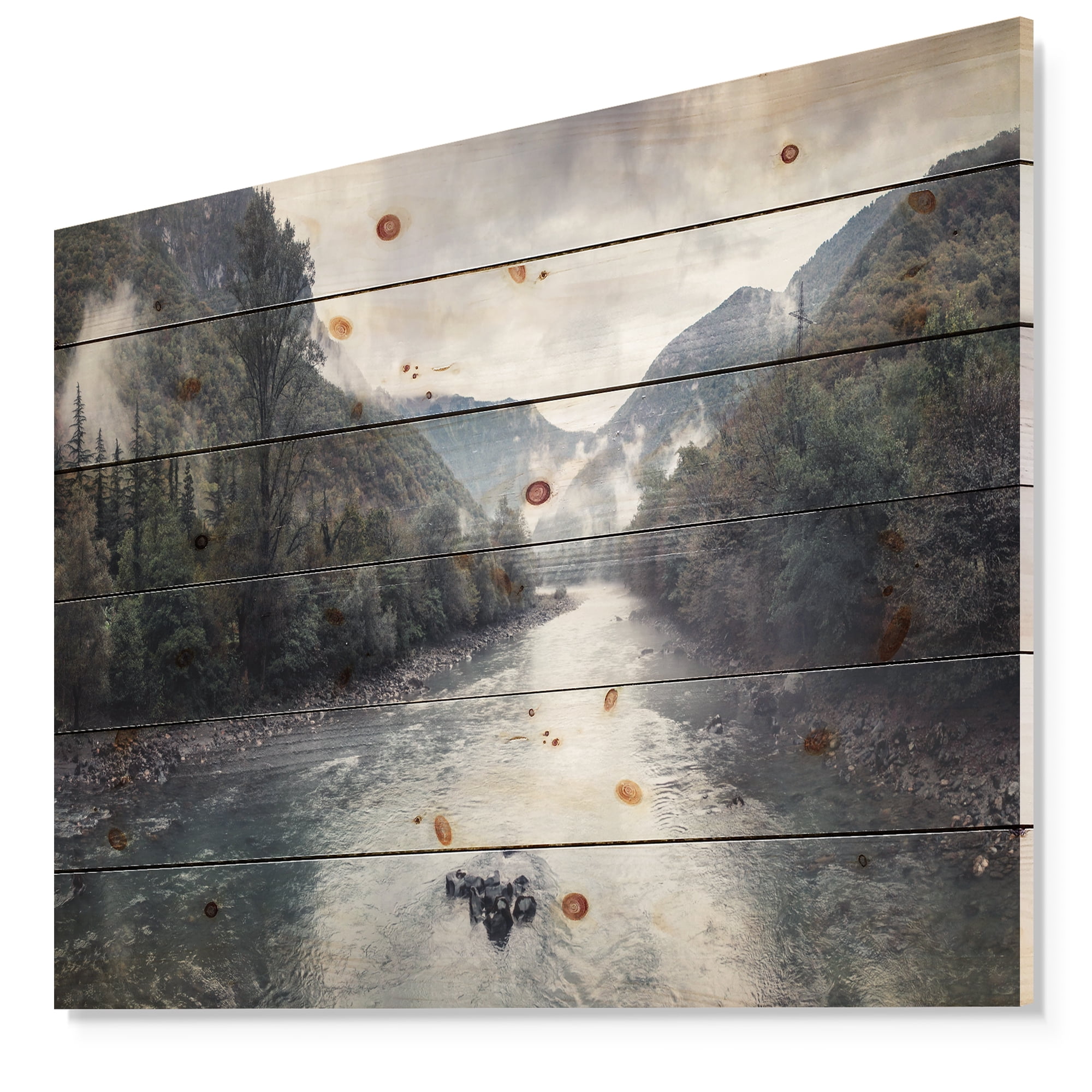 Designart 'Mountain River with Fog and Rain' Modern Seascape Print on Natural Pine Wood