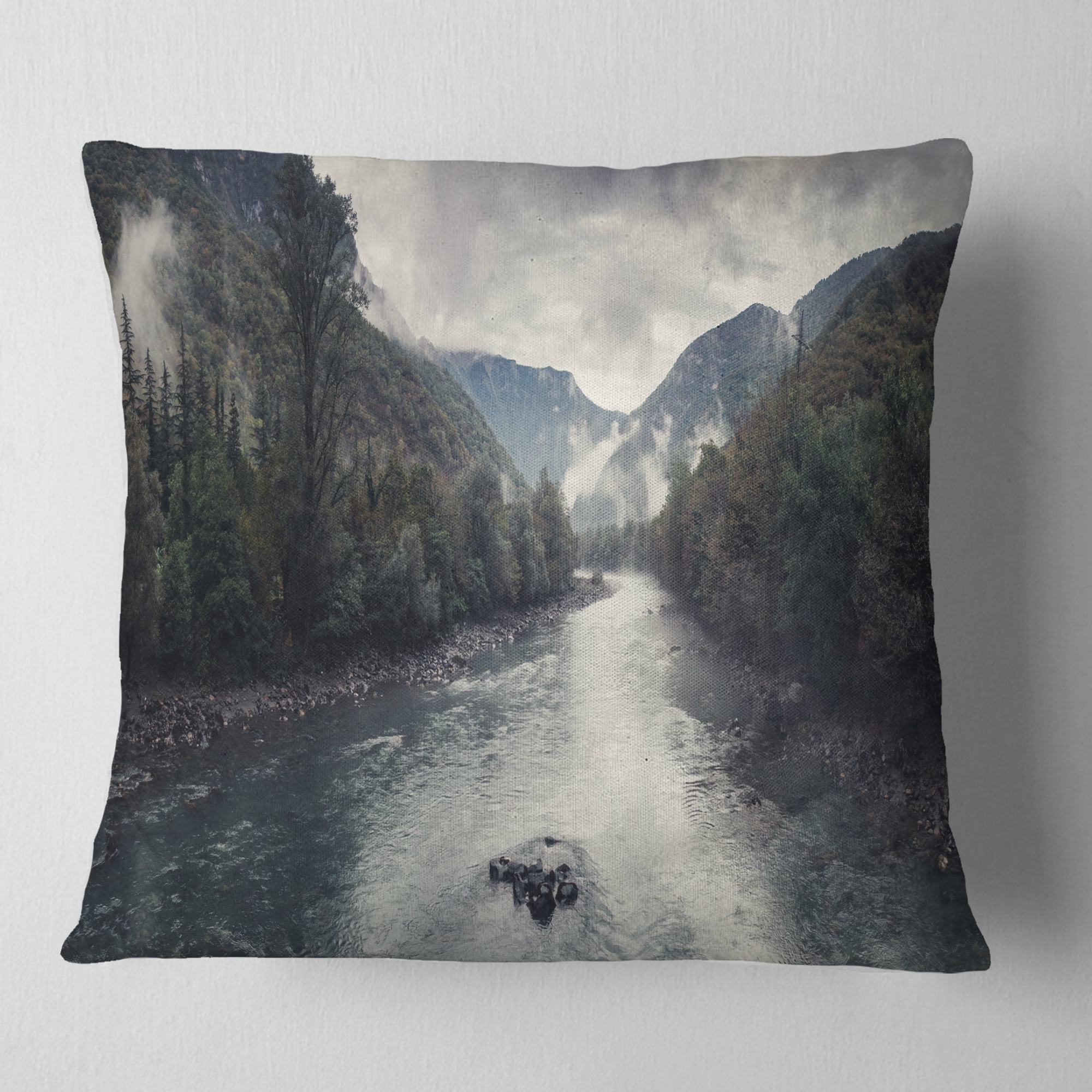Designart Mountain River with Fog and Rain - Modern Seascape Throw Pillow - 16x16