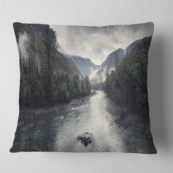 Designart Mountain River with Fog and Rain - Modern Seascape Throw Pillow - 16x16