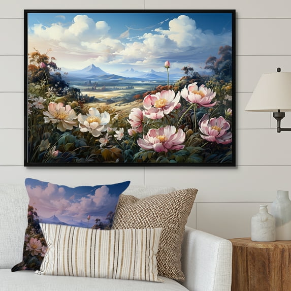 Designart "Mountain'S Purple Peony Paradise I" Peonies Floater Framed Wall Art Living Room