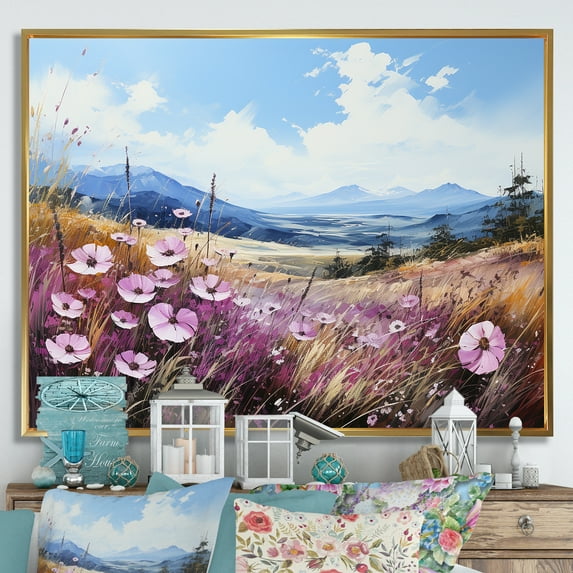 Designart "Mountain'S Violet Floral Tranquility II" Violets Floater Framed Wall Art Living Room