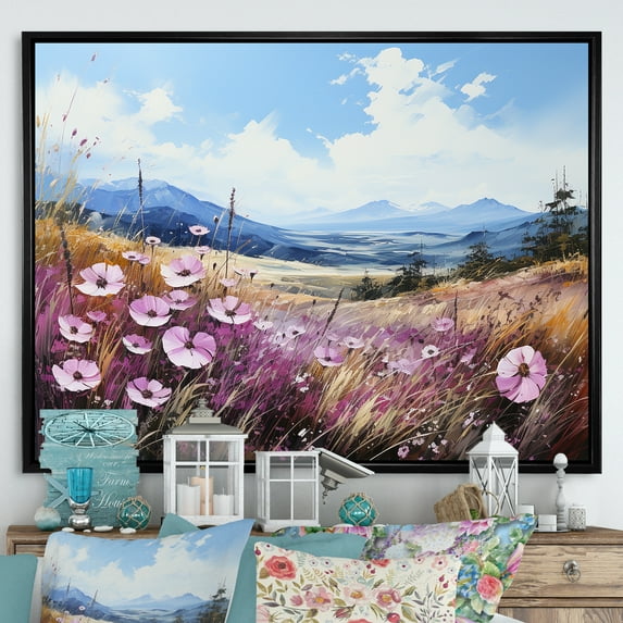 Designart "Mountain'S Violet Floral Tranquility II" Violets Floater Framed Wall Art Living Room