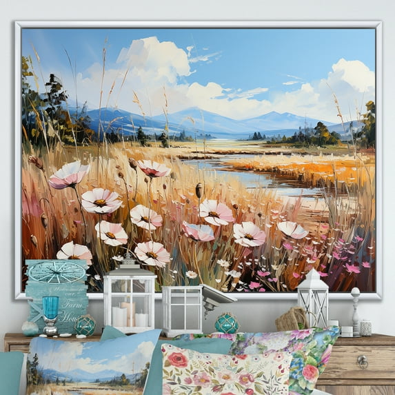 Designart "Mountain'S White Wildflower Serenity" Wildflowers Floater Framed Wall Decor