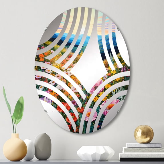 Designart "Mountain Seasonal Pink Blooms I" Seasonal Flowers Baptist Fan Round Wall Mirror - Floral Oval Printed Decorative Mirror - Multiple Color Options