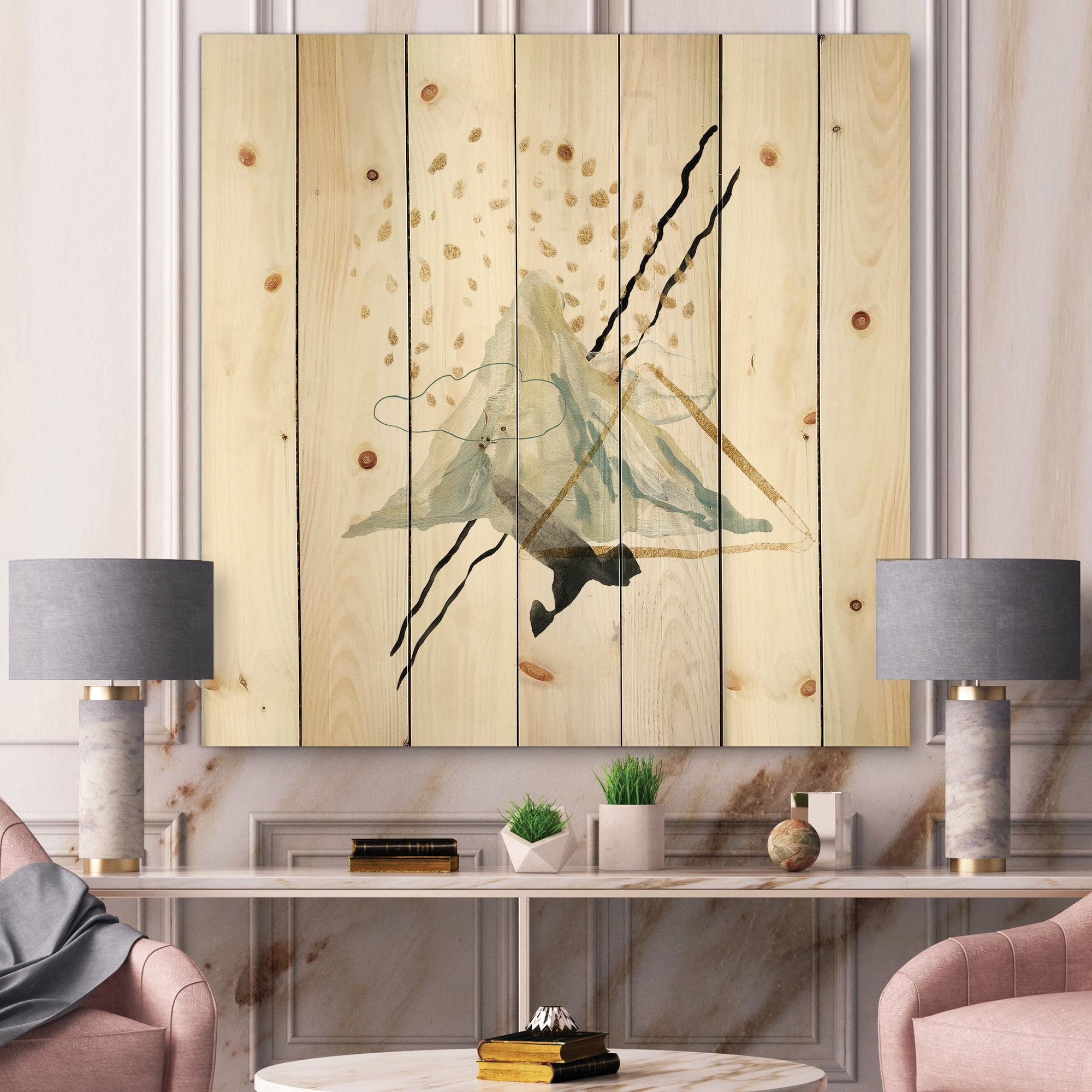 Designart 'Mountain Sky With Gouache Of Abstract Landscape' Modern Print on Natural Pine Wood
