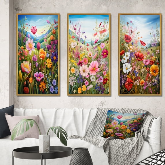 Designart "Mountain Spring Celebration of Wildflowers" Wildflowers Framed Wall Art Set Of 3 - Green Traditional Frame Canvas Set For Living Room Decor