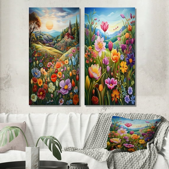 Designart "Mountain Spring Celebration of Wildflowers" Wildflowers Wall Art Set Of 2 - Traditional Green Gallery Wall Set For Home Decor