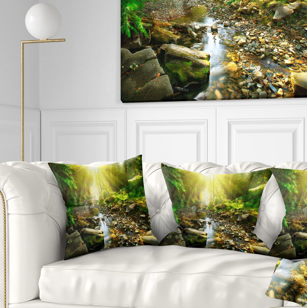 Designart Mountain Stream in Forest - Landscape Photography Throw Pillow - 16x16