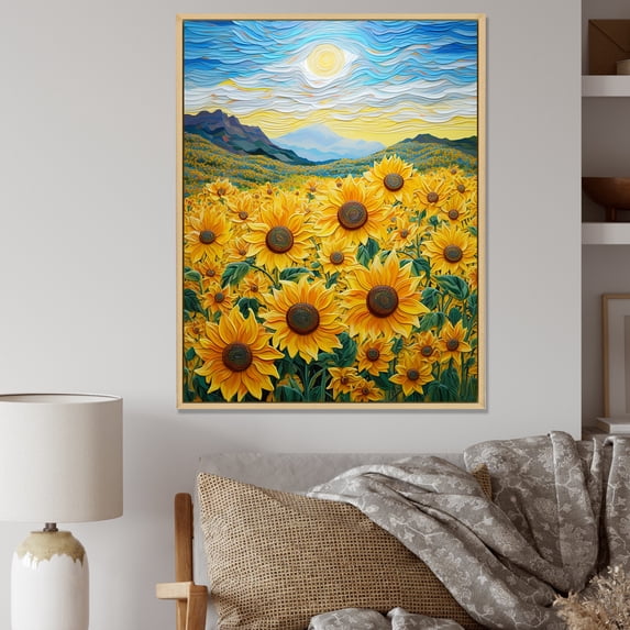 Designart "Mountain Sunflowers In Vangogh Style" Sunflowers Floater Framed Canvas Wall Art
