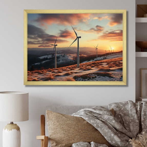 Designart "Mountain Sunset Wind Turbines View II" Architecture Framed Wall Art Decor - Industrial Yellow Wind Turbines Hallway Framed Wall Art Decor