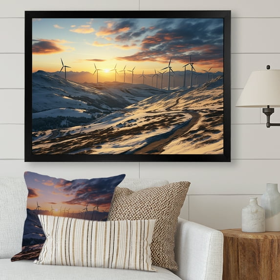 Designart "Mountain Sunset Wind Turbines View III" Architecture Framed Wall Art Decor - Industrial Yellow Wind Turbines Entryway Framed Wall Art