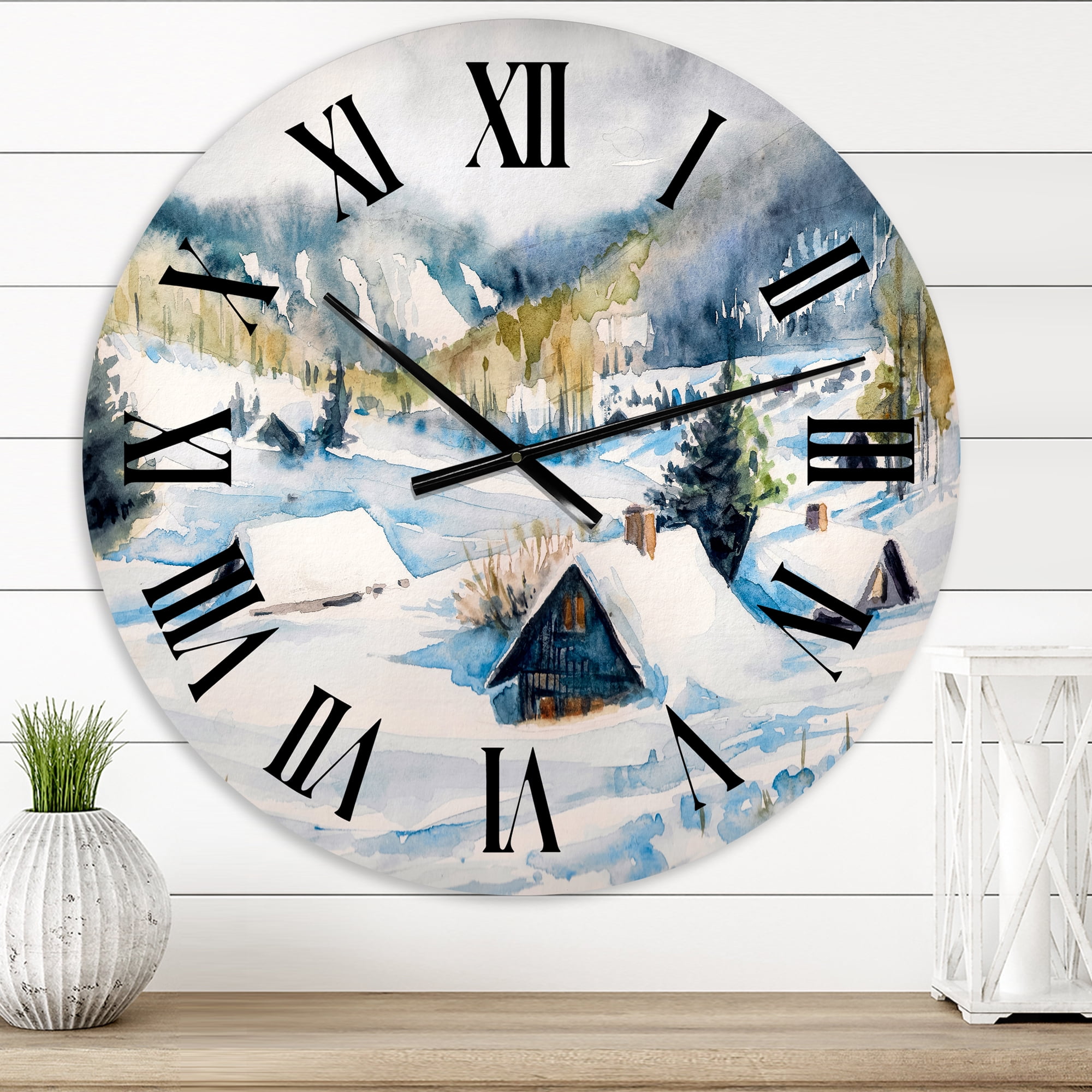 Designart 'Mountain Village In Winter' Traditional Wall Clock