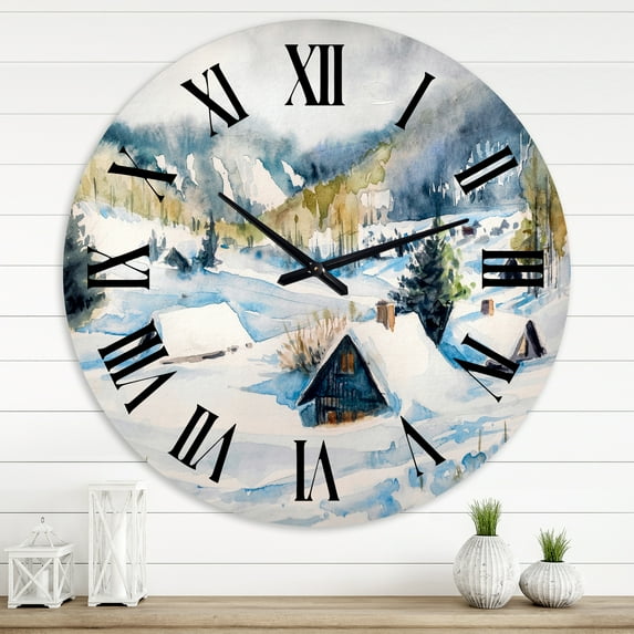 Designart 'Mountain Village In Winter' Traditional Wall Clock