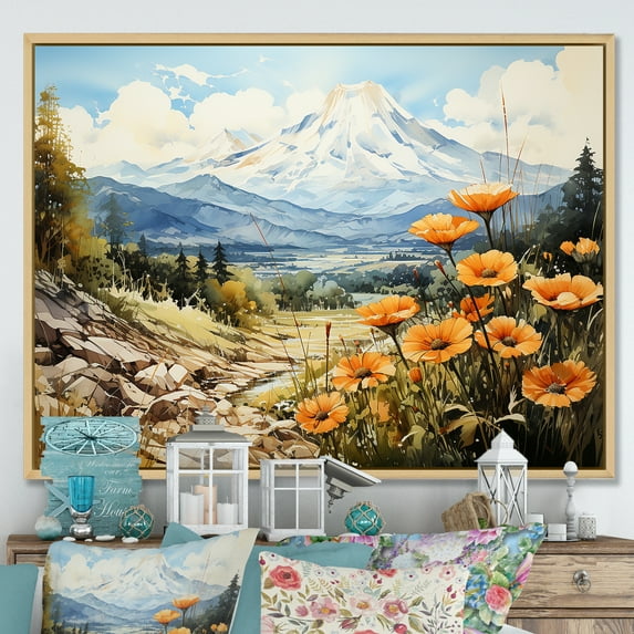 Designart "Mountainous Buttercup Allure I" Buttercups Floater Framed Wall Art Living Room