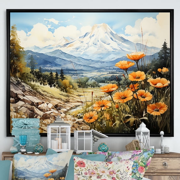 Designart "Mountainous Buttercup Allure I" Buttercups Floater Framed Wall Art Living Room
