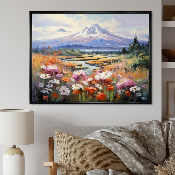 Designart "Mountainous Floral Beauty" Seasonal Flowers Floater Framed Wall Art Living Room