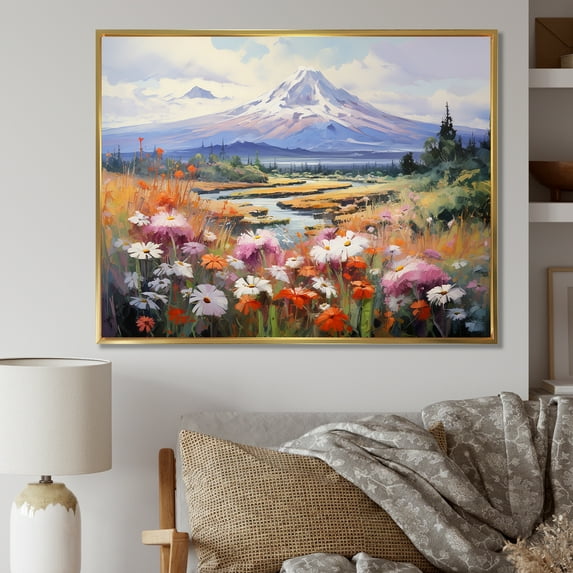 Designart "Mountainous Floral Beauty" Seasonal Flowers Floater Framed Wall Art Living Room