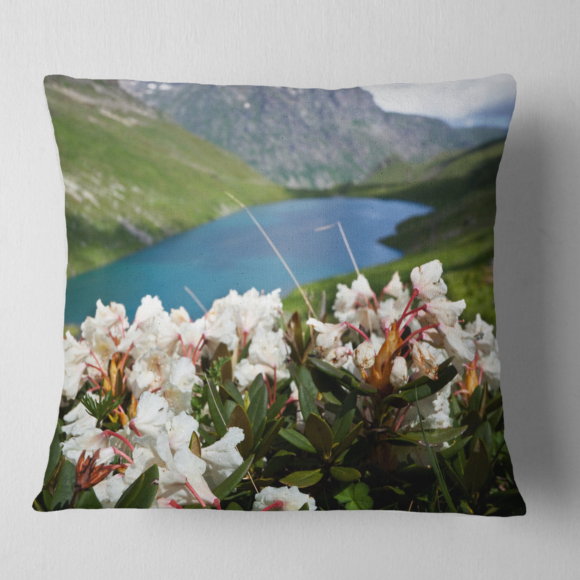 Designart Mountains Lake with White Flowers - Flower Throw Pillow - 16x16