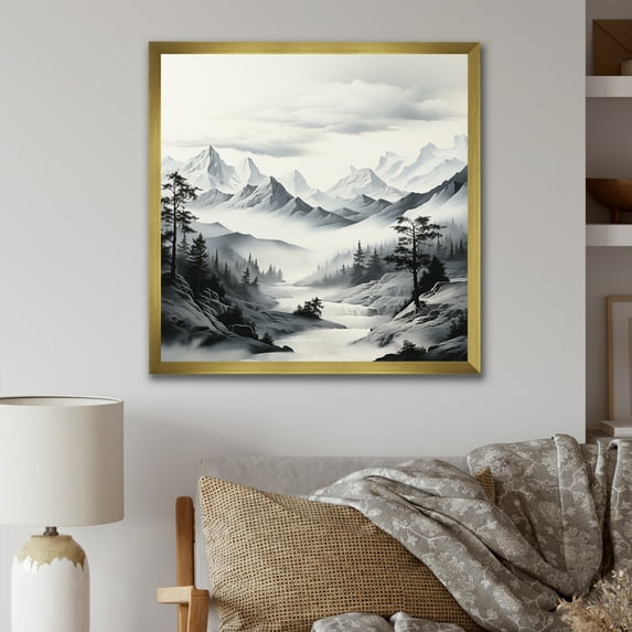 Designart "Mountains Landscape Veiled in Black and White Fog I" Food & Beverage Framed Wall Art Decor - Traditional White Fruits Entryway Framed Wall Art