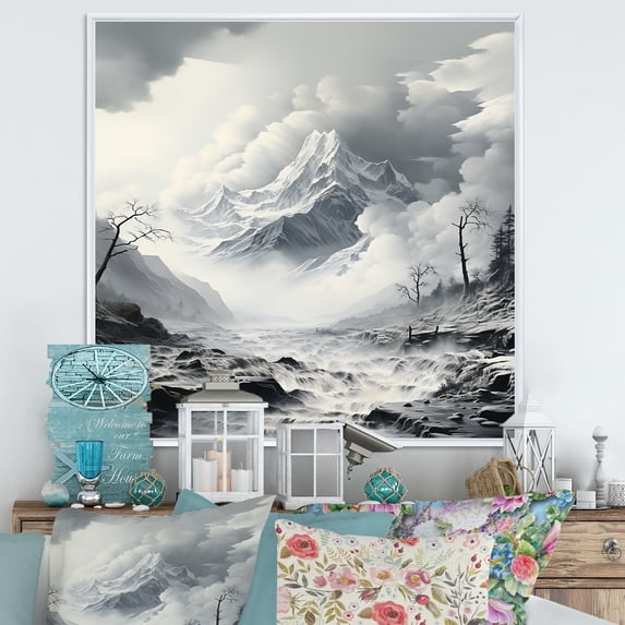 Designart "Mountains Landscape Veiled in Black and White Fog III" Food & Beverage Framed Wall Art - White Fruits Living Room Framed Canvas Art