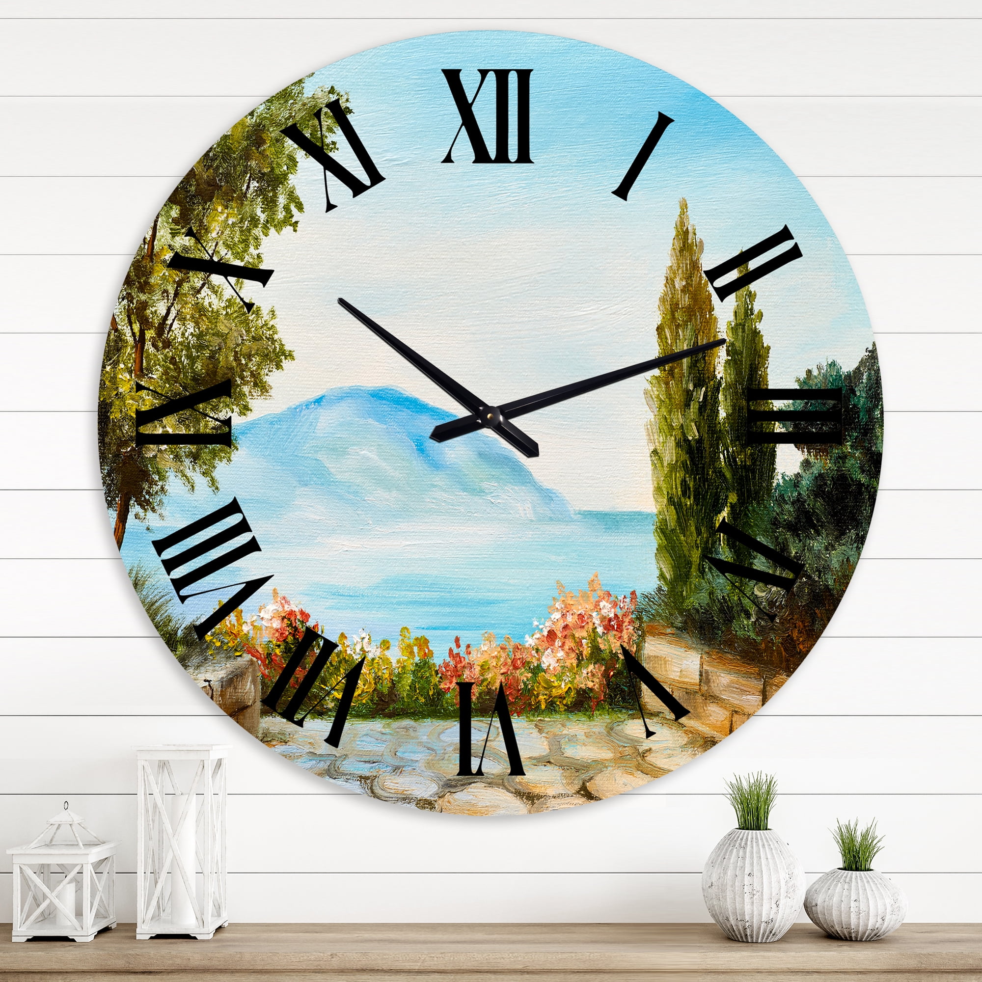 Designart 'Mountains View By The Sea Side' Nautical & Coastal Wall Clock