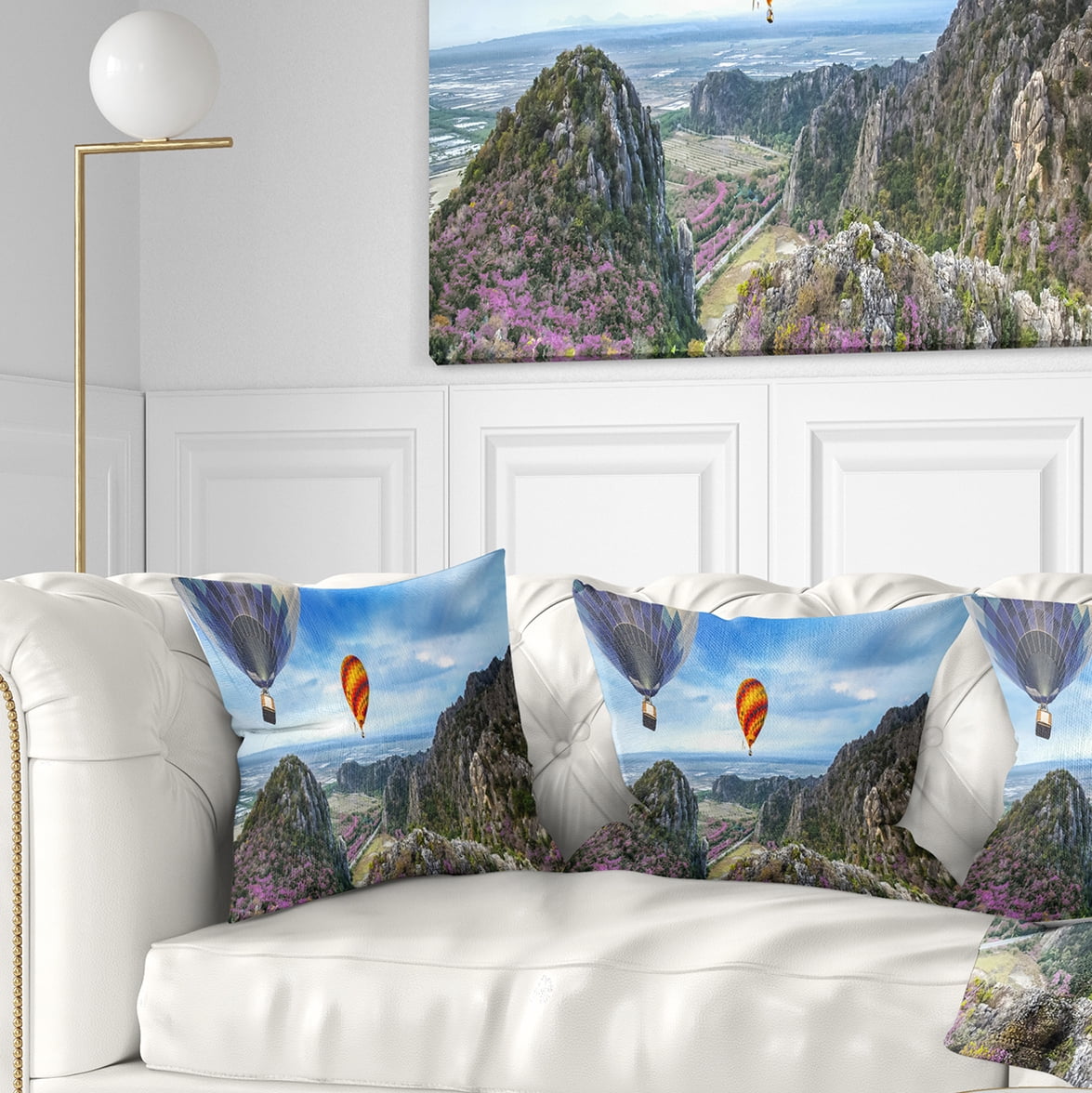 Designart Mountains and Balloon Landscape - Photography Throw Pillow - 18x18