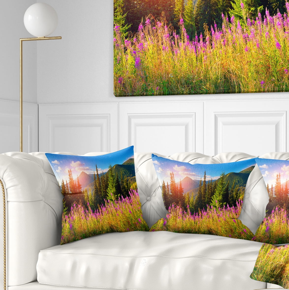 Designart Mountains with Pink Flowers - Floral Throw Pillow - 18x18