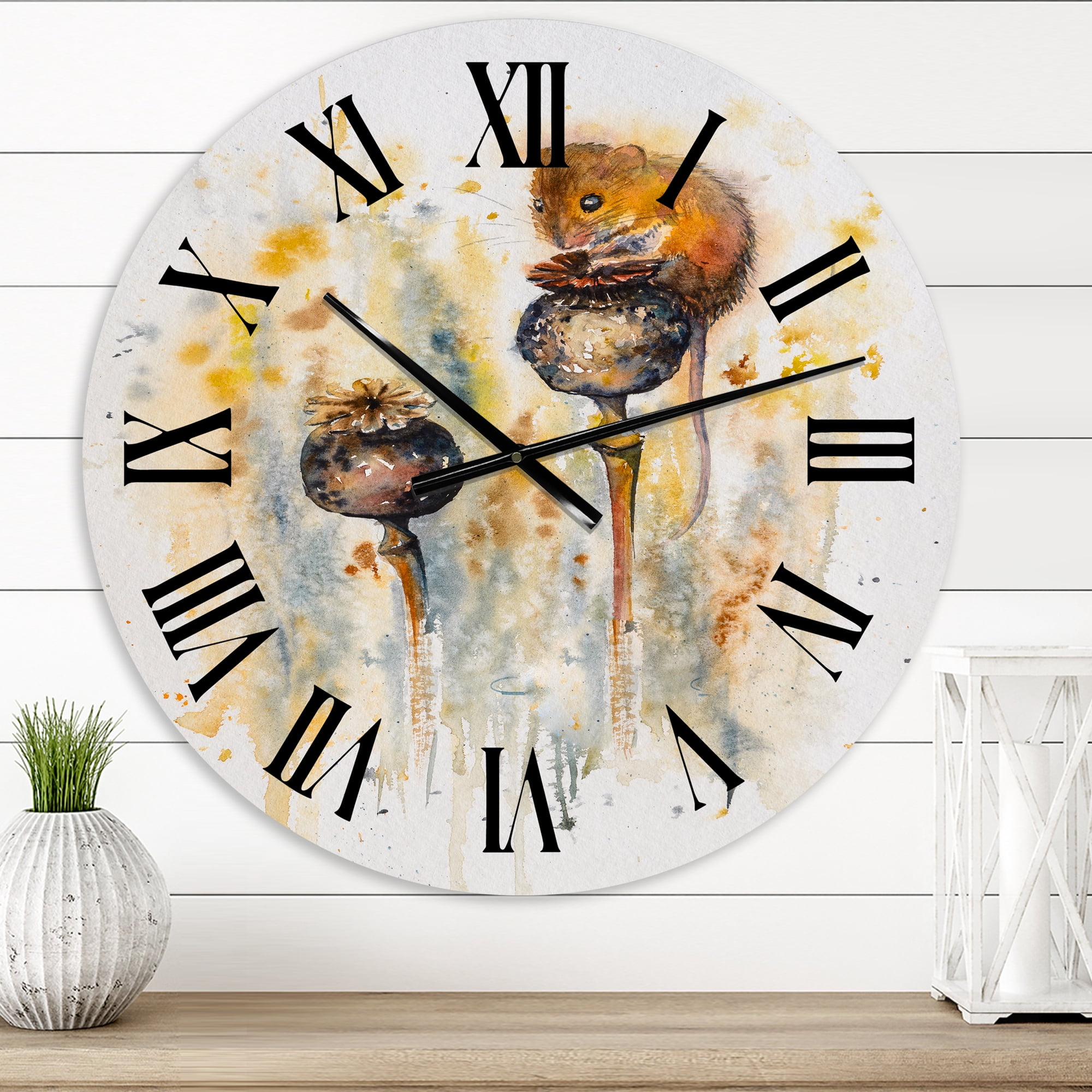Designart 'Mouse Sitting On Poppies' Traditional Wall Clock