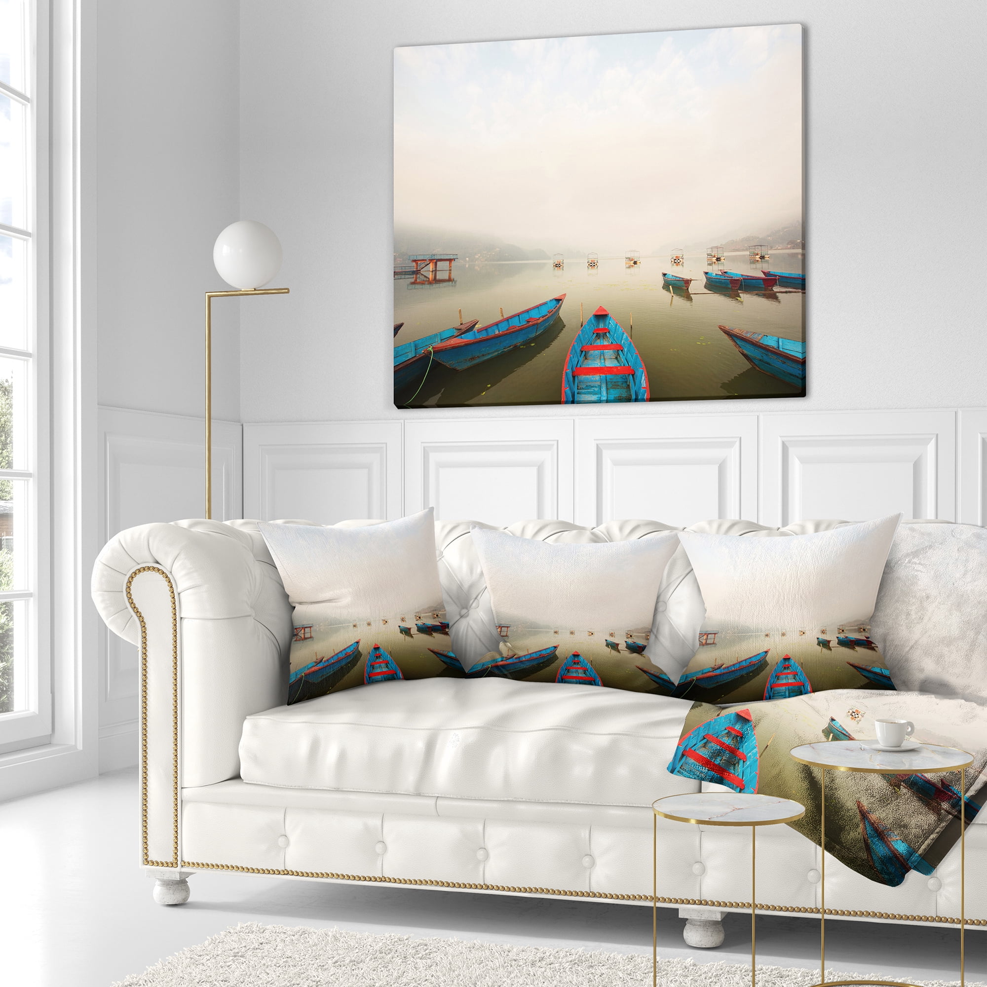 Designart Moving Boats in Mountain Lake - Boat Throw Pillow - 16x16