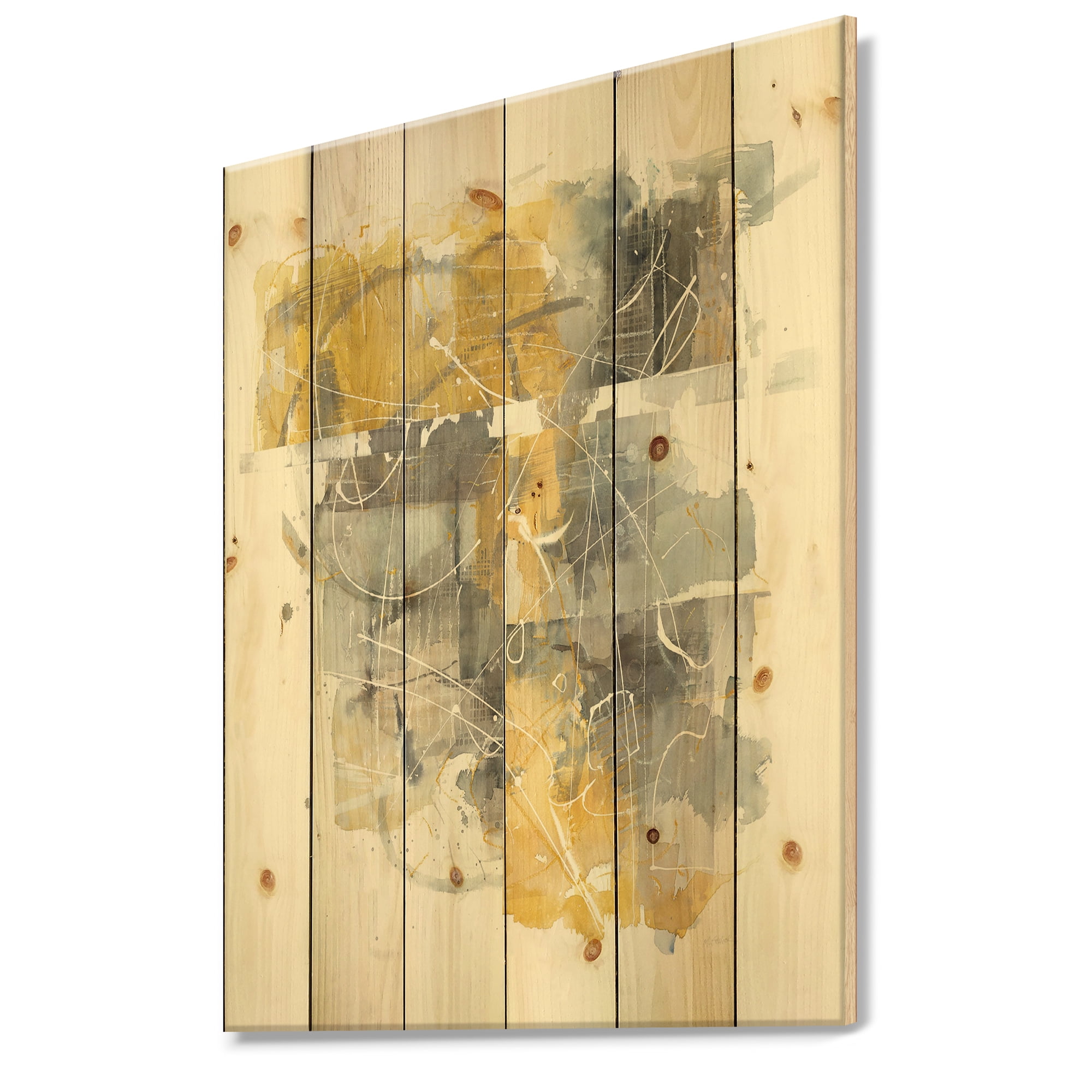 Designart 'Moving In and Out of Traffic II Yellow Grey' Geometric Print on Natural Pine Wood