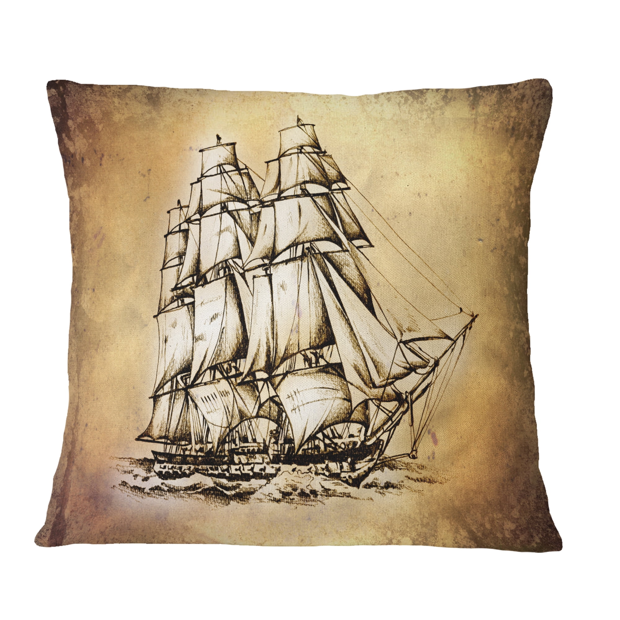 Designart Moving Old Sailboat Drawing - Seashore Wall Throw Pillow - 18x18
